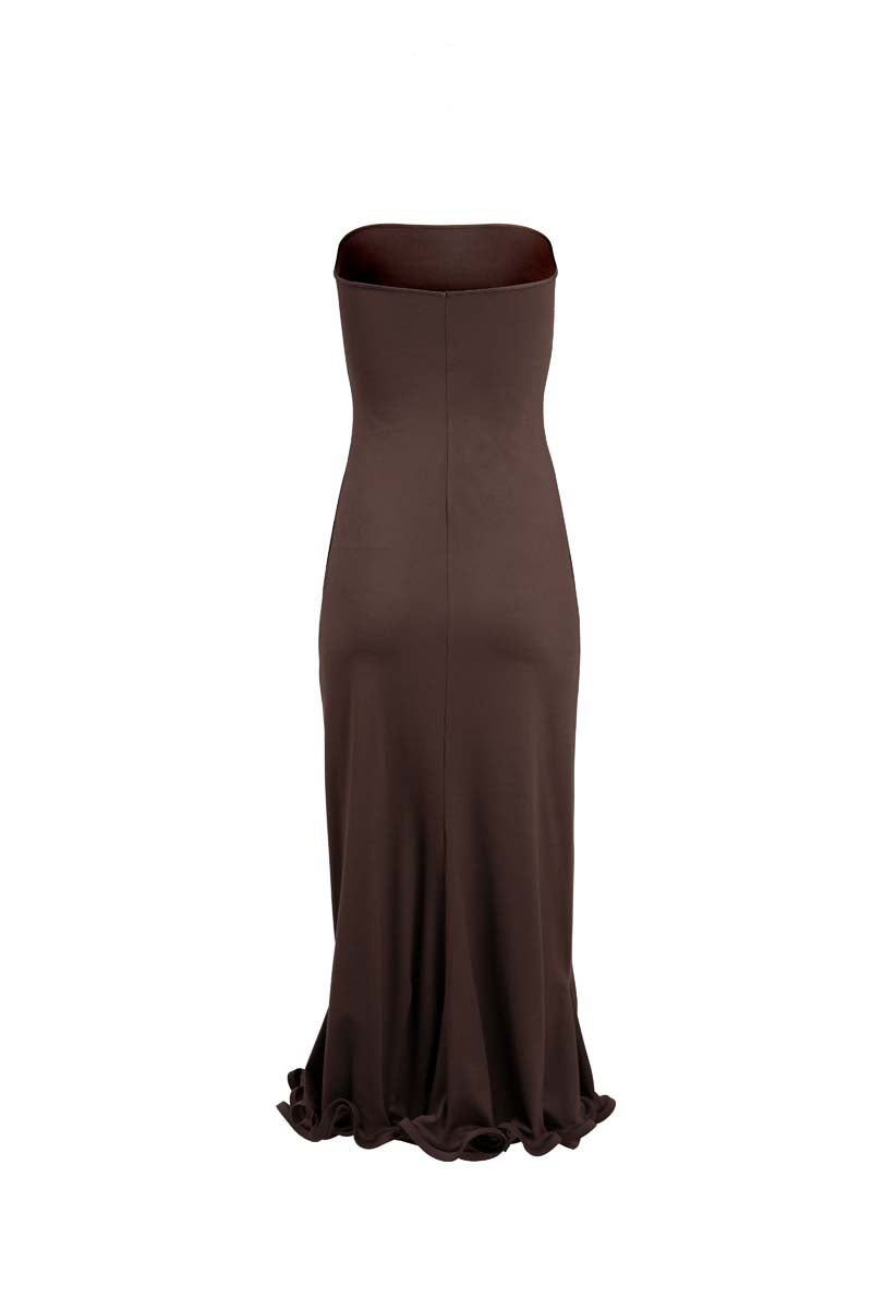 Brown ripple midi dress by Yassmin Saleh, with flowing fabric and ghost back design, perfect for casual or dressy occasions.