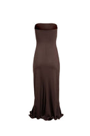 YASSMIN SALEH ripple brown midi dress with flowing fabric and ghost back design, perfect for stylish, elegant occasions.