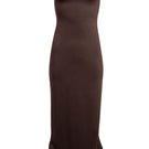 YASSMIN SALEH ripple brown midi dress featuring a flowing, textured fabric and elegant design, front view of the dress.