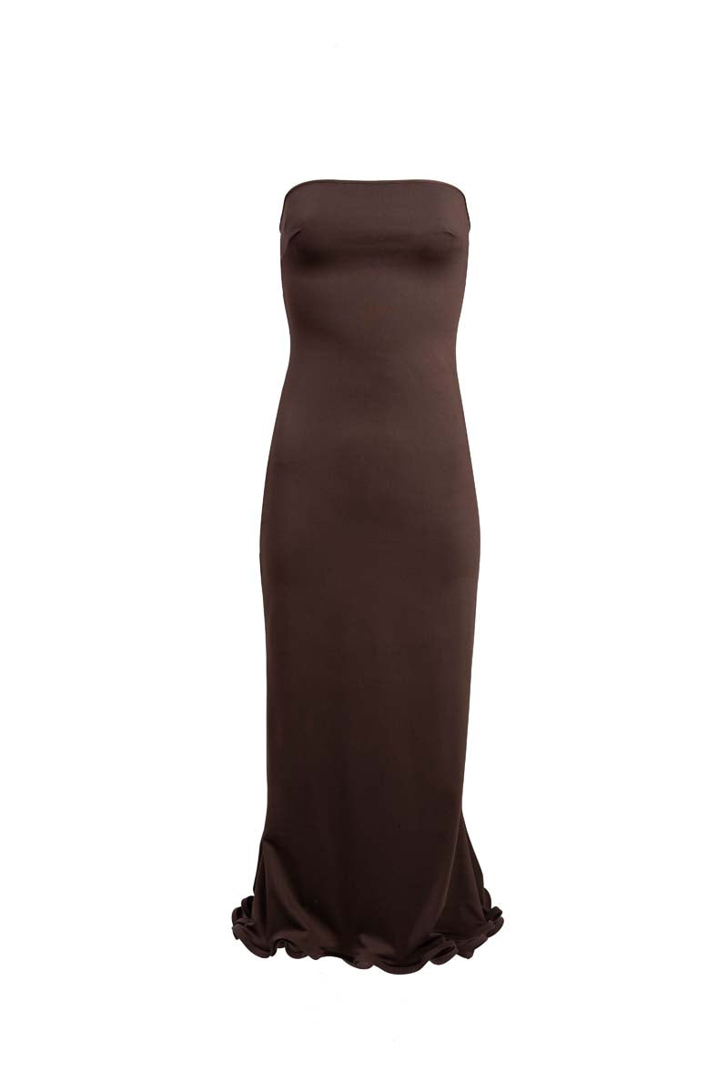 YASSMIN SALEH ripple brown midi dress with flowing fabric and elegant design, front view showing stylish neckline and details.