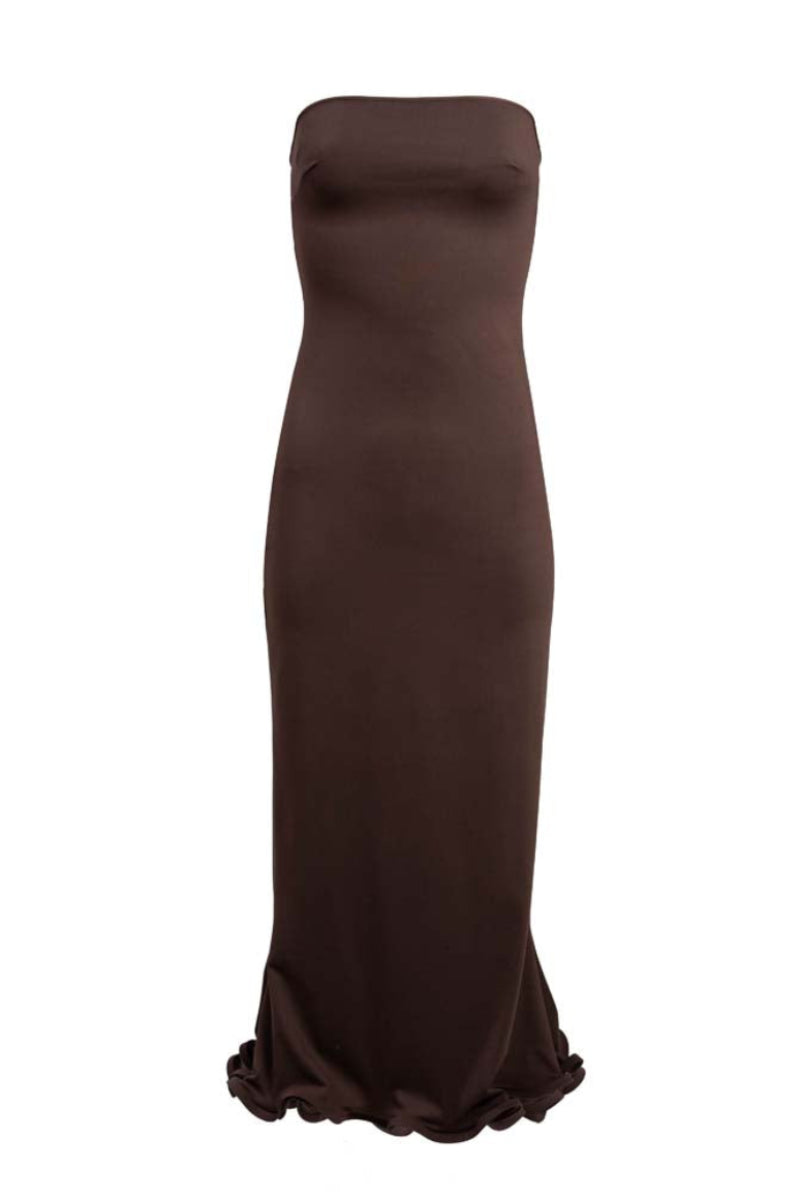 YASSMIN SALEH ripple brown midi dress featuring a flowing, textured fabric and elegant design, front view of the dress.