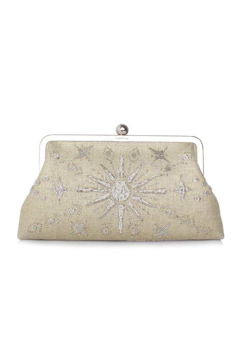 Gold embellished classic clutch bag by Sarah's Bag featuring elegant design and compact style for evening occasions.