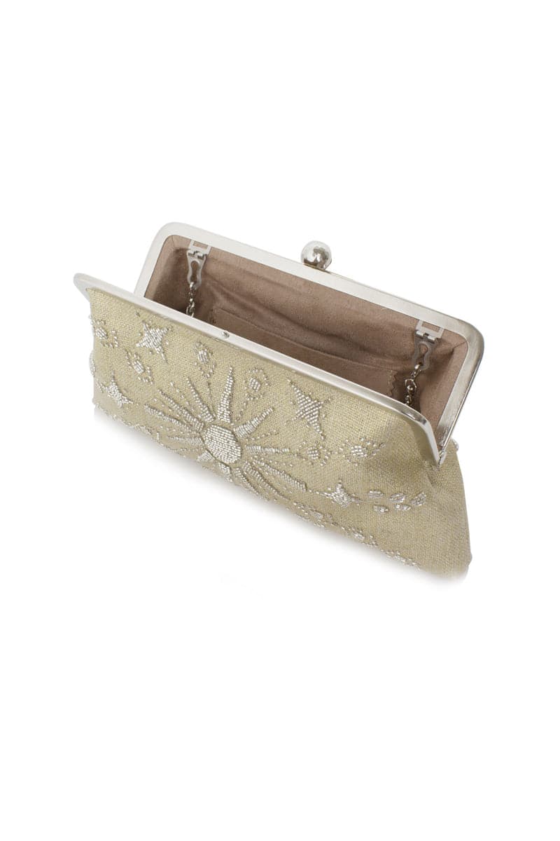 Open RISE Gold Embellished Classic Clutch by Sarah's Bag showing gold accents and elegant design on a black clutch exterior.