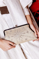 Sarah's Bag Rise Gold Embellished Classic Clutch with intricate gold accents and elegant design, perfect for evening accessories.