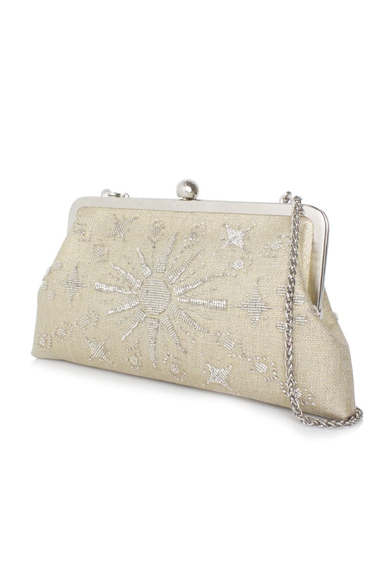 Sarah's Bag Rise Gold embellished classic clutch with gold accents, featuring a sleek rectangular design and elegant detailing.