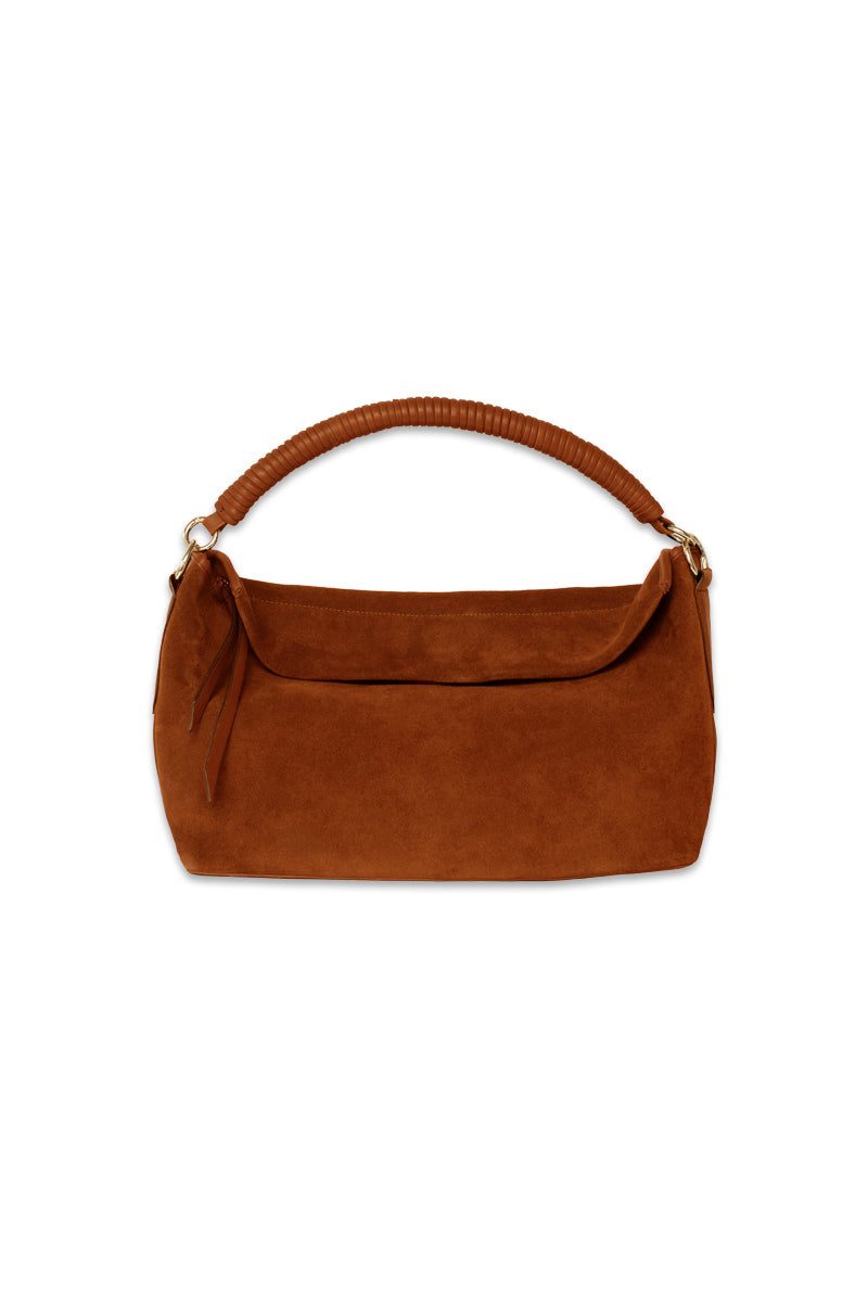 Tan suede Rivera handbag by Isidora Malva, top handle bag with stylish design and elegant craftsmanship.