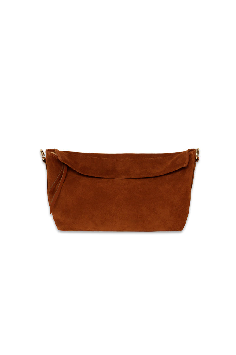 Tan suede Rivera handbag by Isidora Malva featuring a stylish top handle and elegant design.