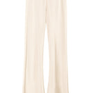 Cream silk-satin bias-cut slim pants by Serenity, shown on a model, featuring a sleek, tailored fit with smooth fabric details.