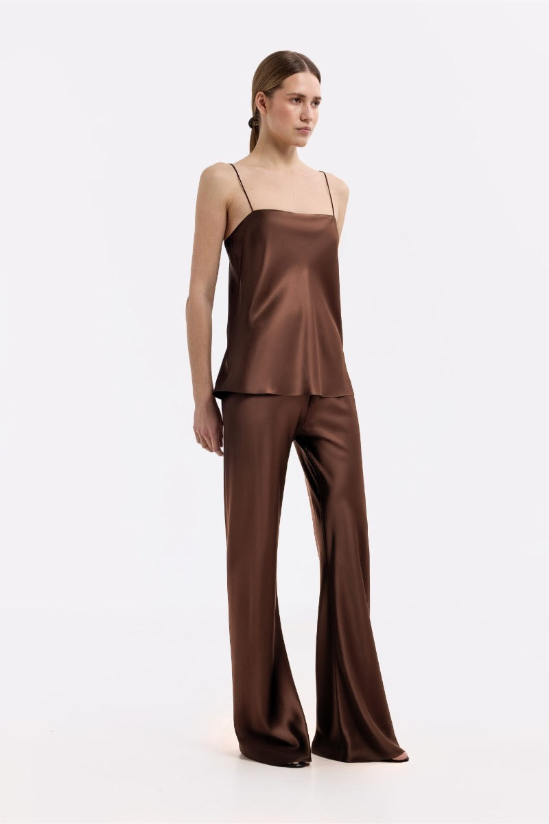 RIVIERA CHOCOLATE SILK-SATIN BIAS-CUT SLIM PANTS