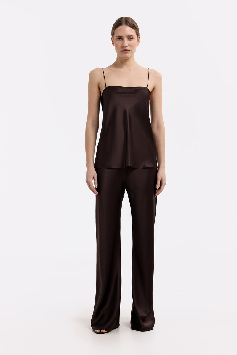 RIVIERA ESPRESSO SILK-SATIN BIAS-CUT SLIM PANTS - CULT MIA