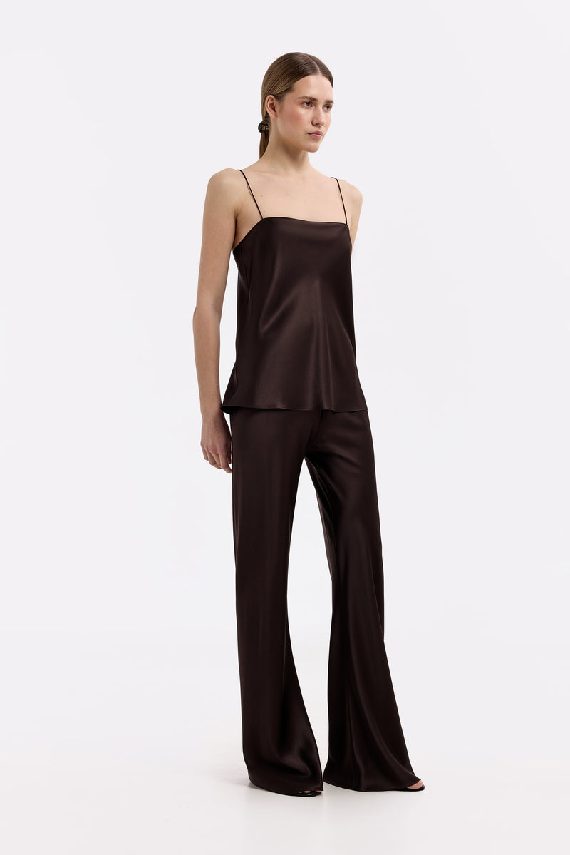 RIVIERA ESPRESSO SILK-SATIN BIAS-CUT SLIM PANTS - CULT MIA