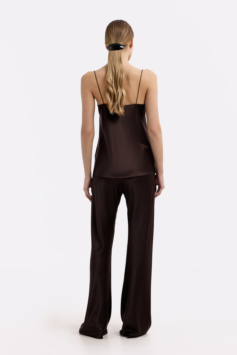 RIVIERA ESPRESSO SILK-SATIN BIAS-CUT SLIM PANTS - CULT MIA