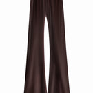 Serenity Riviera Espresso silk-satin bias-cut slim pants displayed on a model, showcasing smooth fabric and tailored fit.