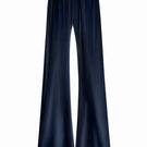 Serenity Riviera navy silk-satin bias-cut slim pants displayed on a model, showcasing elegant, smooth fabric and tailored fit.