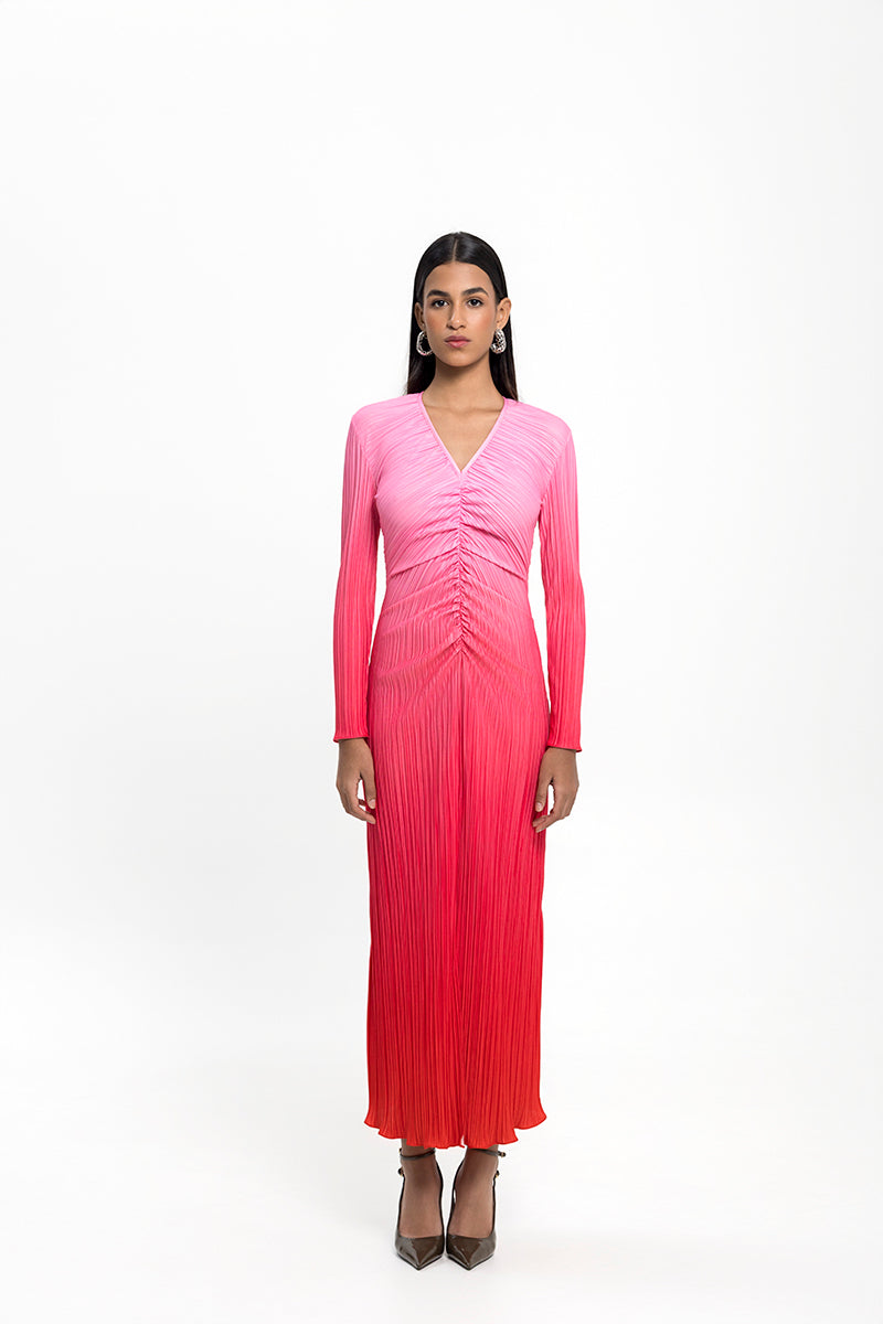 Maylé Vásquez Rizo Maxi Dress in orchid ombre with flowing fabric and sleeveless design, perfect for elegant summer occasions.