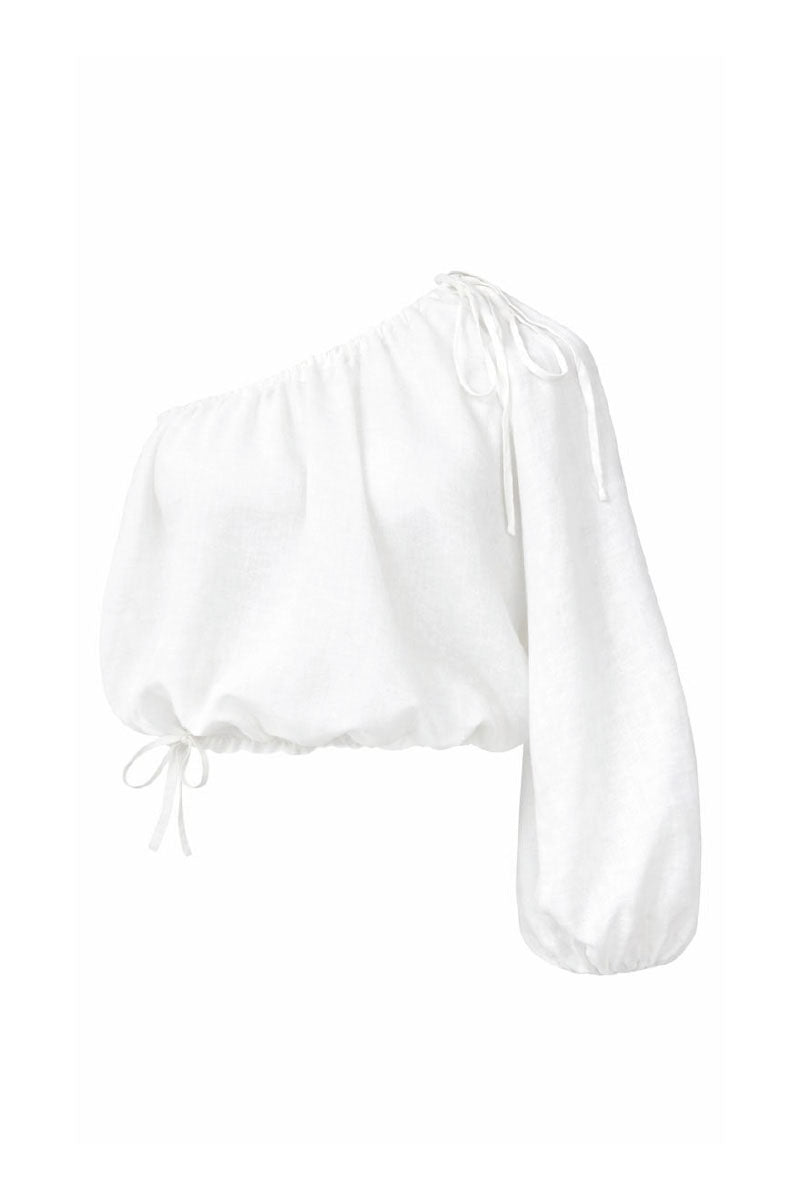 White Rohe cropped top by ANA + MARIA, styled with a relaxed fit and short sleeves, displayed on a mannequin.