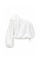 White Rohe cropped top by ANA + MARIA, shown on a model, featuring a stylish, fitted design perfect for casual or trendy outfits.