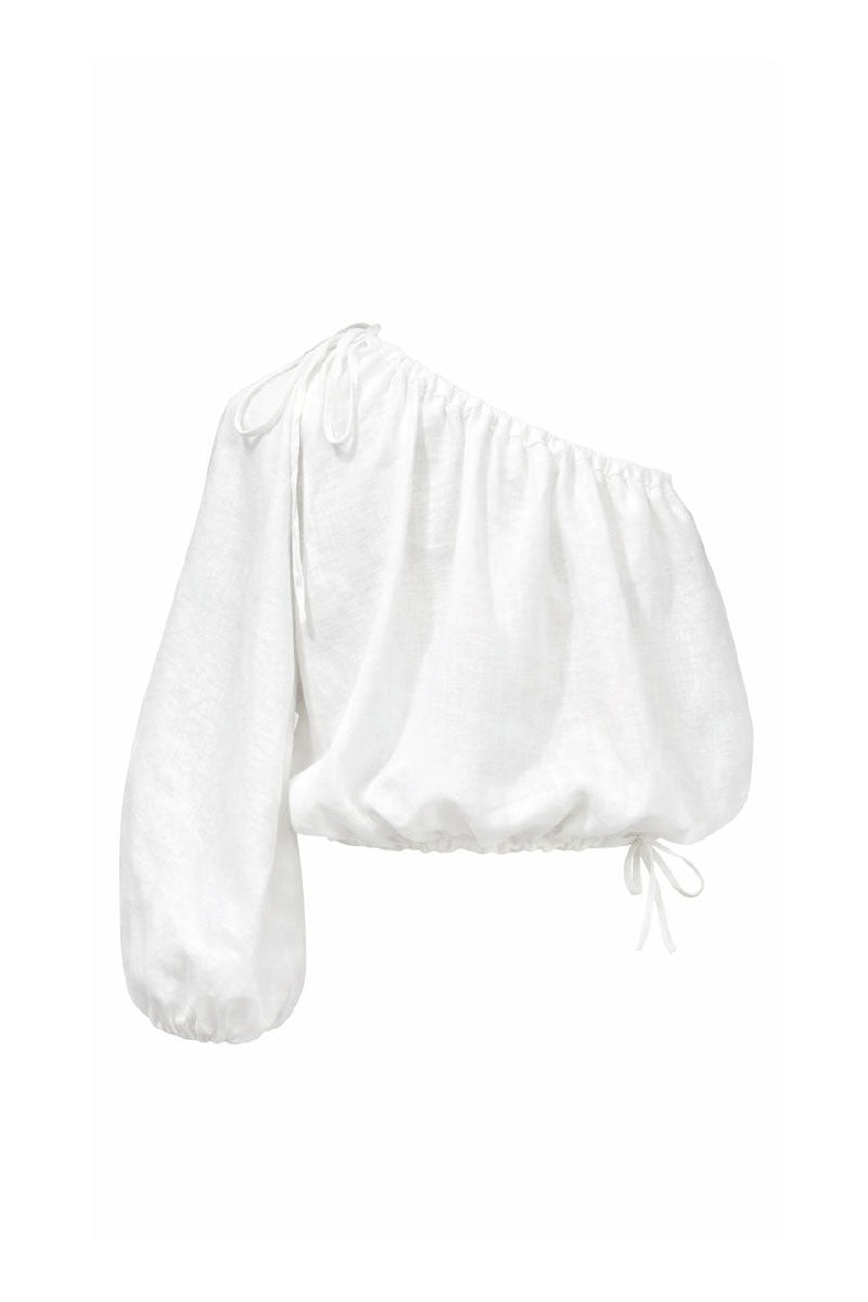 White Rohe cropped top by ANA + MARIA, shown on a model, featuring a stylish, fitted design perfect for casual or trendy outfits.