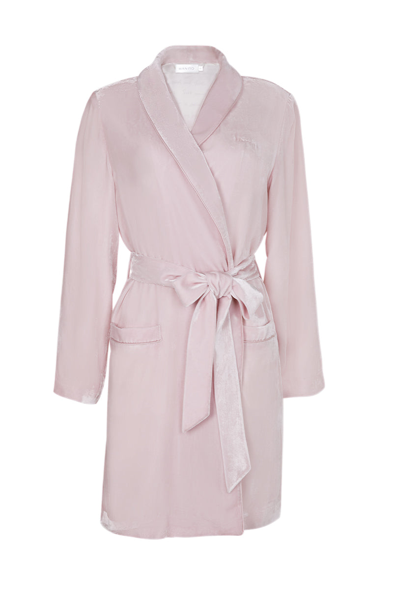 Pink velvet women's robe by MANITO featuring a soft, luxurious fabric and elegant design for comfortable wear.