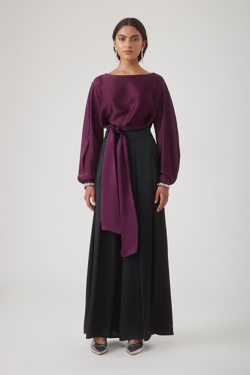 Beaded cuff top in aubergine by Mastani featuring intricate detailing and a stylish fit, perfect for elegant casual wear.