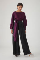 Beaded cuff top in aubergine by Mastani, featuring intricate bead detailing on a stylish, fitted blouse.
