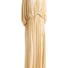 Deme by Gabriella Rori Gold Maxi Dress on a mannequin, showcasing elegant gold fabric and flowing design.