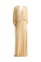 Deme by Gabriella Rori Gold Maxi Dress on a mannequin, showcasing elegant gold fabric and flowing design.