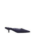 A pair of AERA Rosa Navy metal stud heels featuring navy blue straps and metallic stud embellishments.