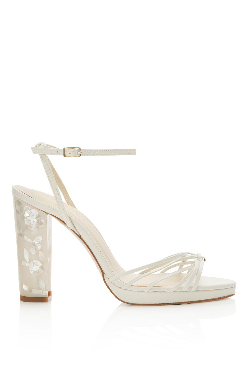 Ivory leather Rosalina block heels by Freya Rose, featuring a stylish design with a sturdy heel and elegant finish.