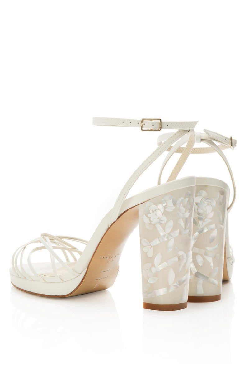 Ivory leather Rosalina block heels by Freya Rose, featuring elegant design and chunky heel for stylish comfort.