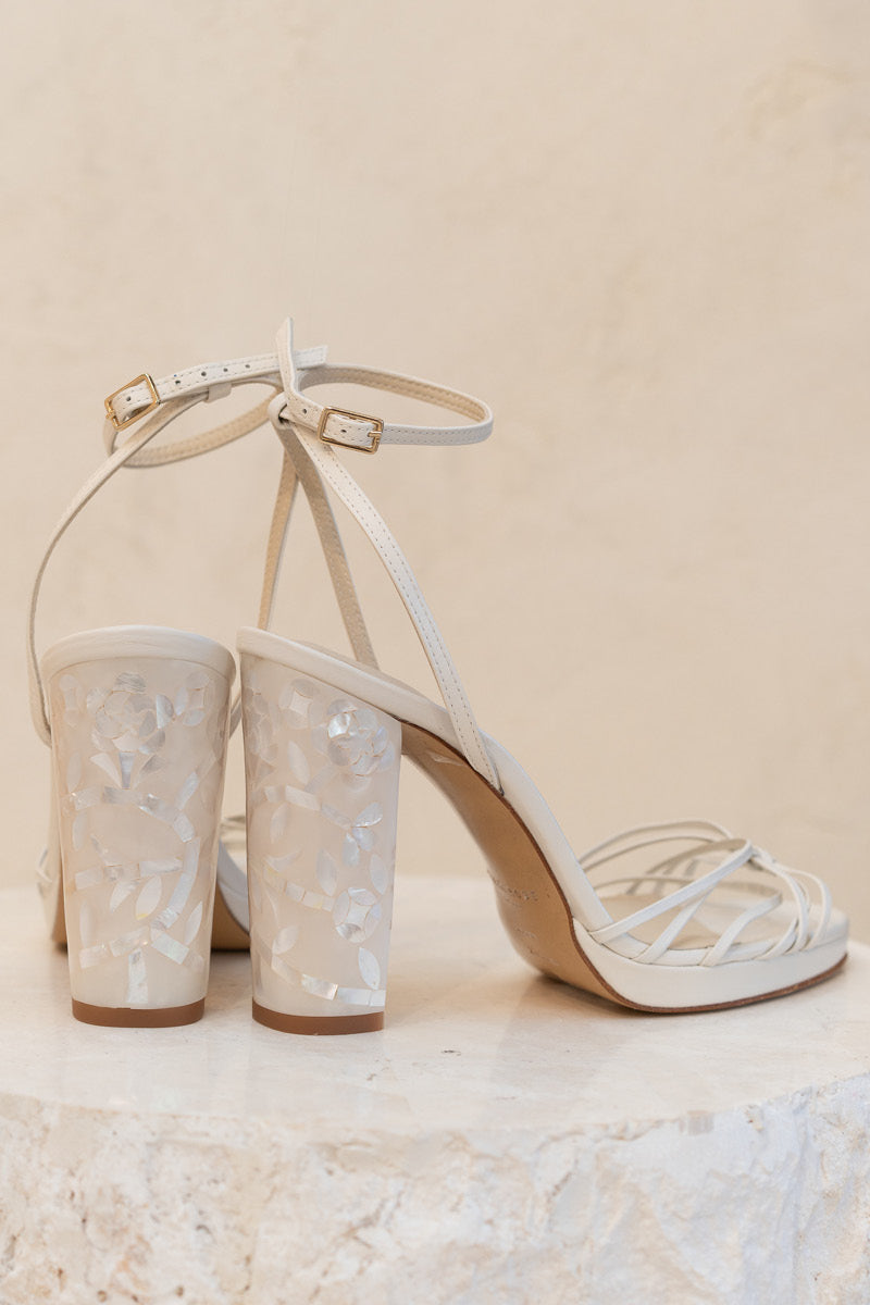 Ivory Rosalina leather block heels by Freya Rose, showcasing elegant design with a sturdy heel and smooth leather finish.