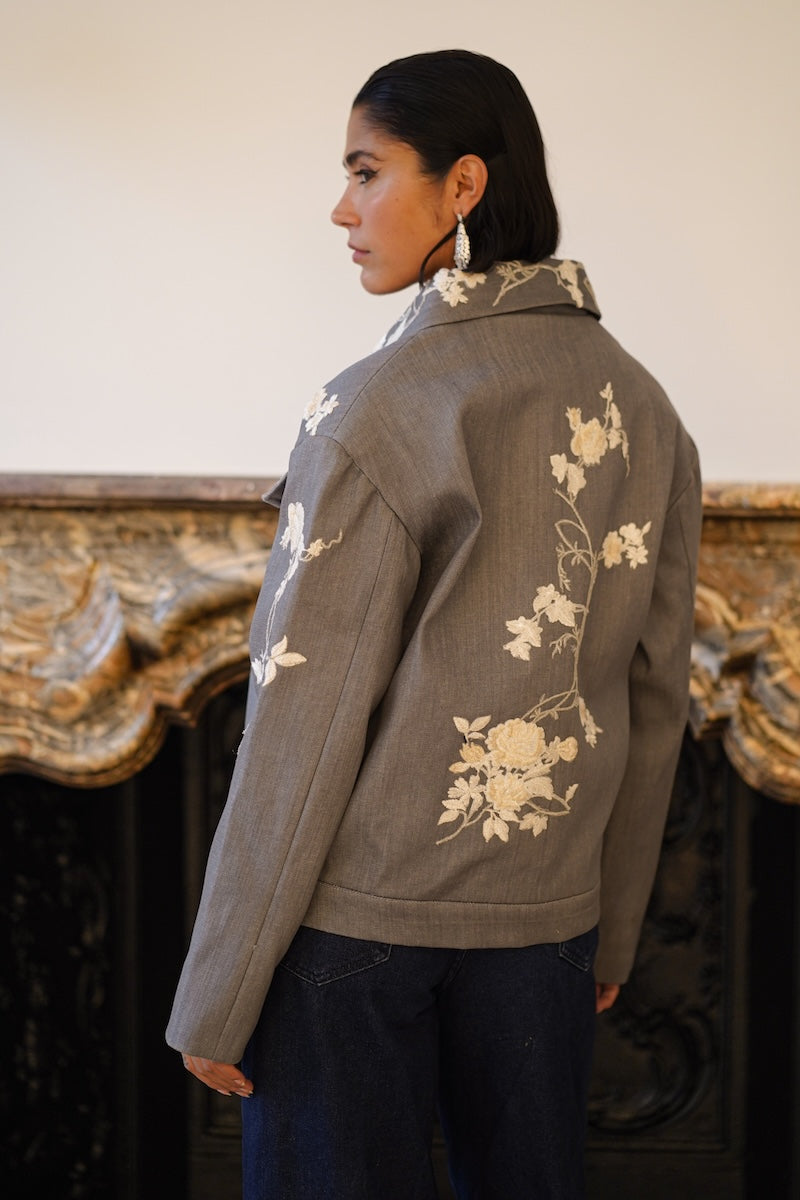 Nadya Shah Rosalind Gray Denim Jacket back view, casual jacket with classic stitching and fitted style.