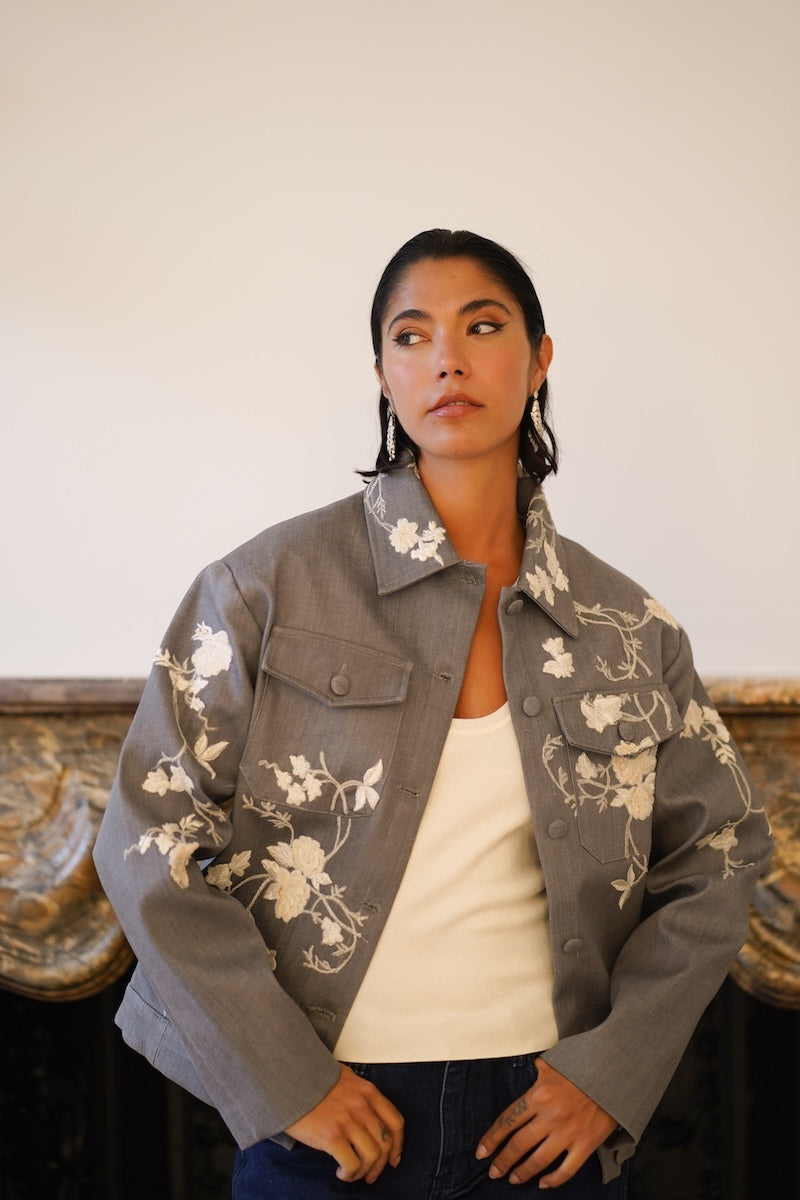 Nadya Shah Rosalind Gray Denim Jacket showing front view with classic collar and button closure.