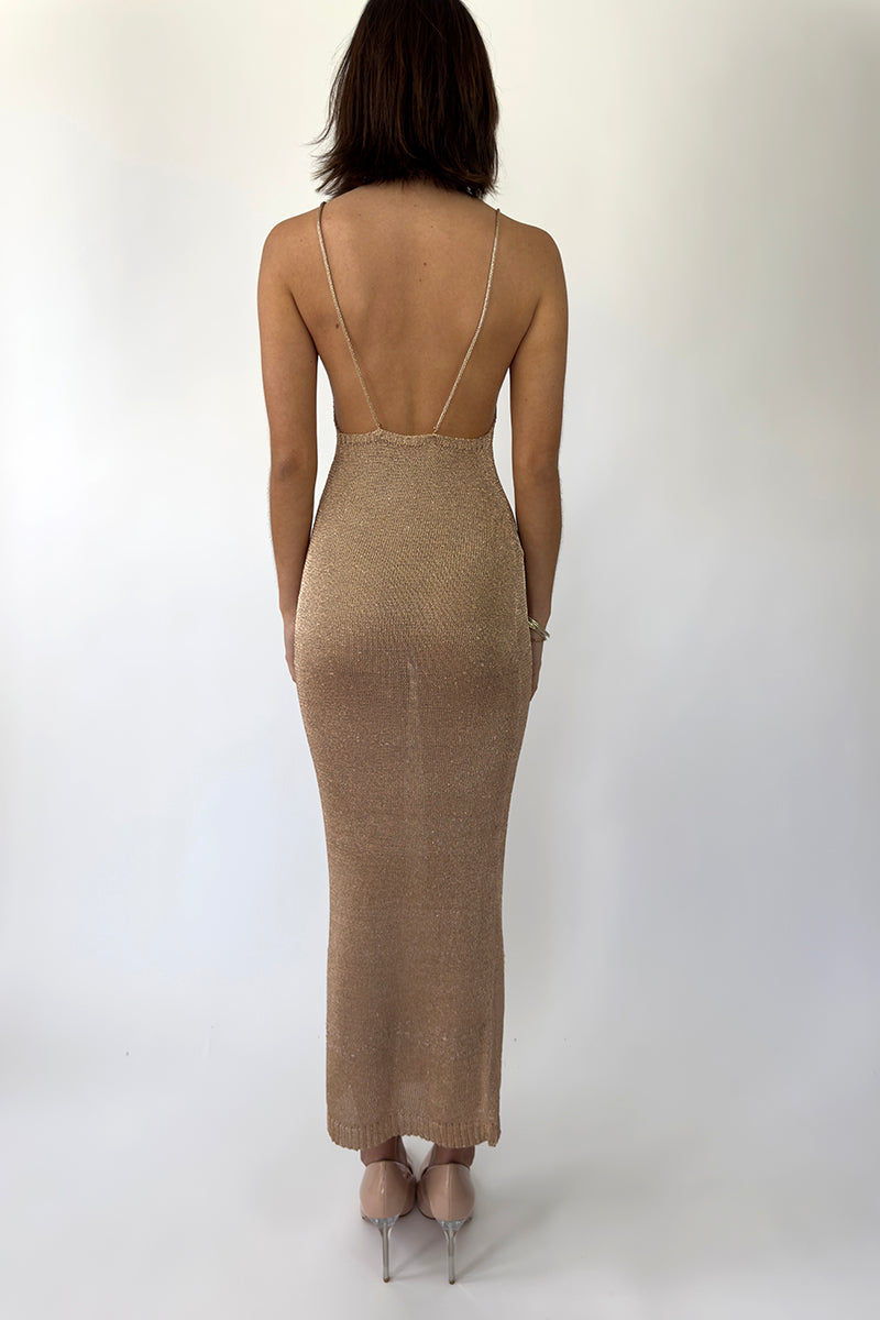ROSE GOLD SPARKLY KNIT MAXI DRESS - CULT MIA