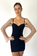 Rose gold chain bolero shrug by Natalia Fedner, front view showing intricate chain design at hips.