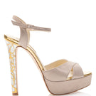 Taupe suede heel sandals with rose and shimmer details from Freya Rose's Rose in Bloom collection.