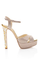 Taupe suede heel sandals with rose and shimmer details from Freya Rose's Rose in Bloom collection.