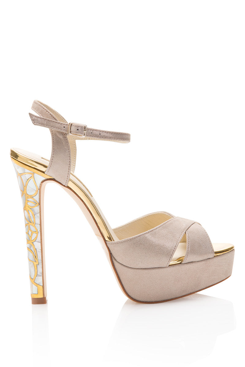 Taupe suede heel sandals with rose and shimmer details from Freya Rose's Rose in Bloom collection.