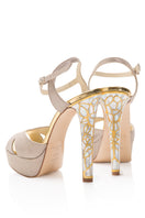 Taupe suede heel sandals with rose in bloom shimmer detail by Freya Rose, stylish open-toe design with elegant floral accents.