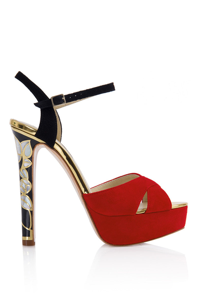 Freya Rose Rose in Bloom Rouge heels featuring elegant red floral design and high stiletto style.
