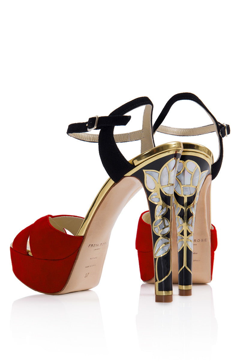 Freya Rose Rose in Bloom Rouge heels featuring elegant red floral design and stylish high heel silhouette.
