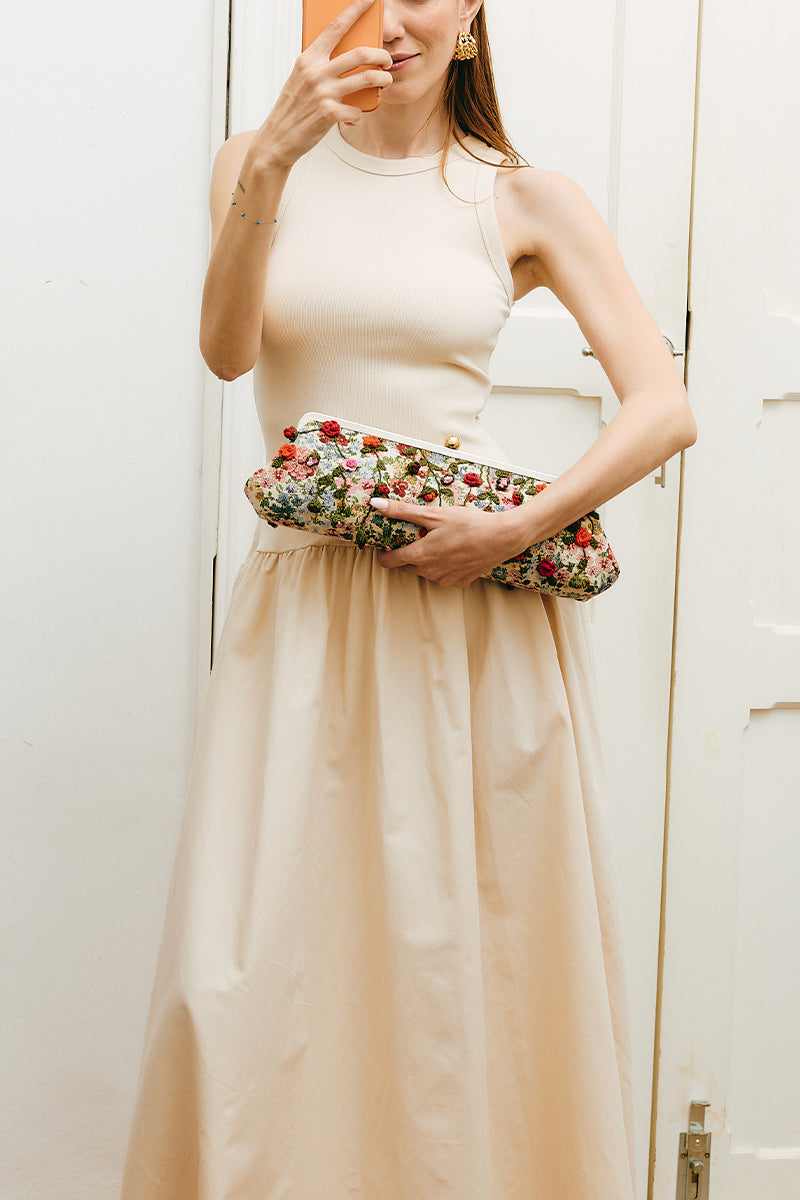 Multicolor Roses Le Long clutch by Sarah's Bag featuring a floral rose design and elegant rectangular shape.