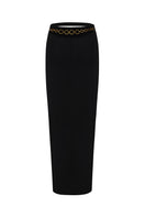Black Nana Jacqueline Rosetta Maxi Skirt with ring detail, shown from back view, flowing fabric and elegant design.