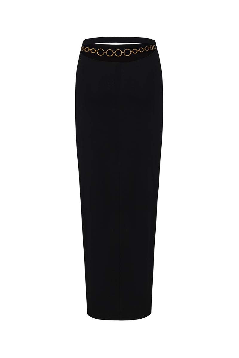Black Nana Jacqueline Rosetta Maxi Skirt with ring detail, shown from back view, flowing fabric and elegant design.