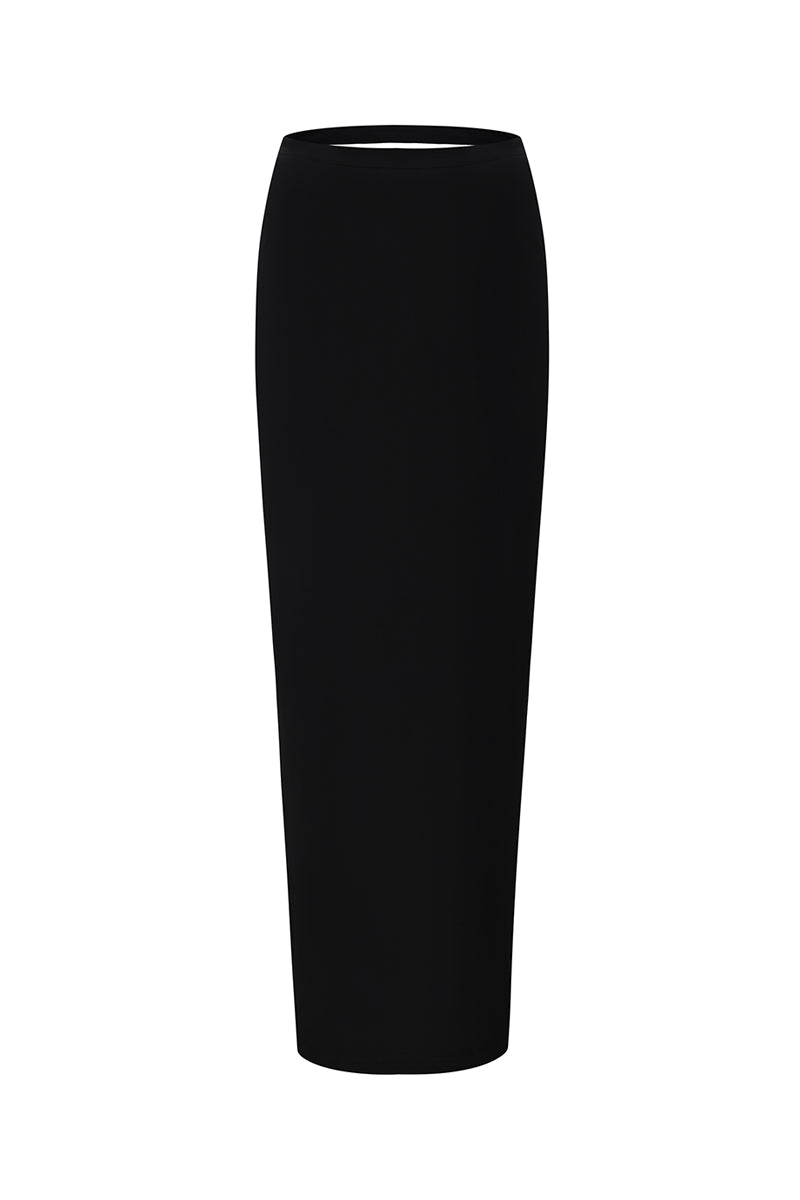 Black Nana Jacqueline Rosetta maxi skirt with ring detail, shown from the front in this elegant, flowing design.