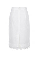 Ivory Rossette midi skirt by ANA + MARIA displayed on ghost mannequin, showcasing elegant flowy fabric and stylish design.
