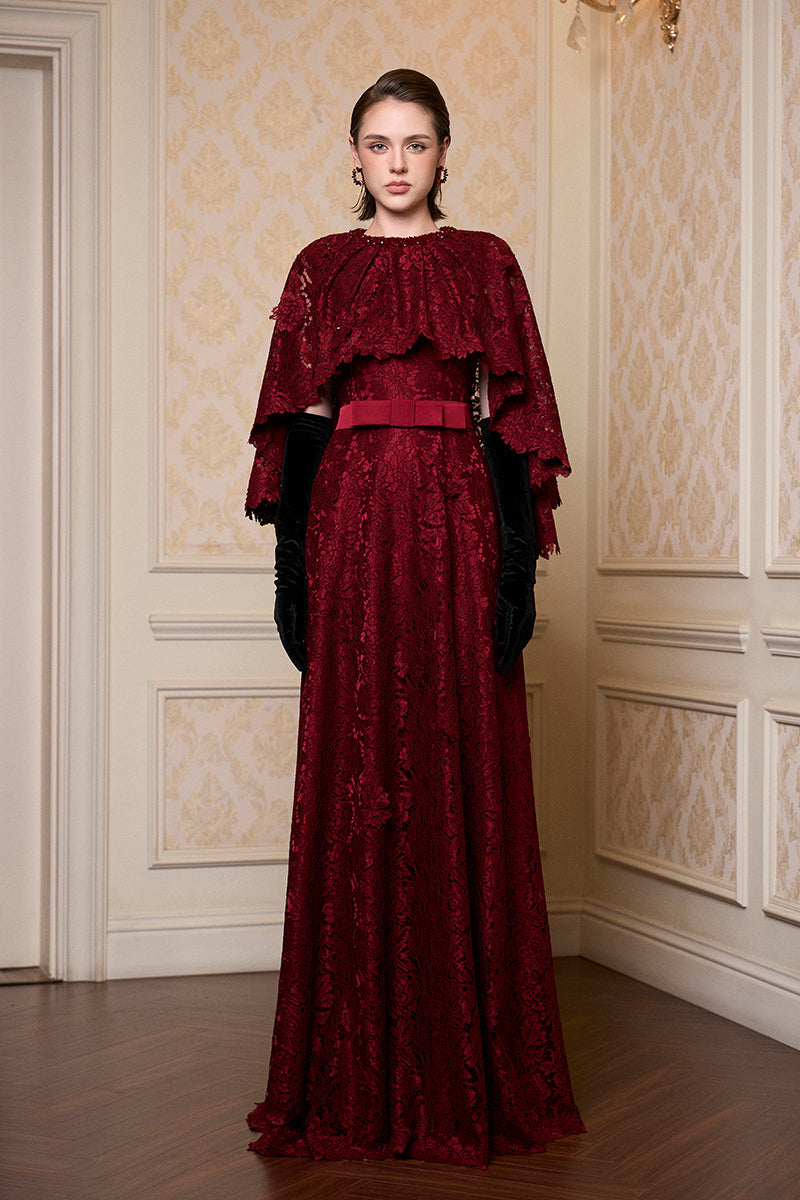 A-LINE GOWN WITH MULLET CAPE IN DARK RED | CULT MIA | I.H.F A-LINE GOWN WITH MULLET CAPE IN DARK RED | CULT MIA | I.H.F