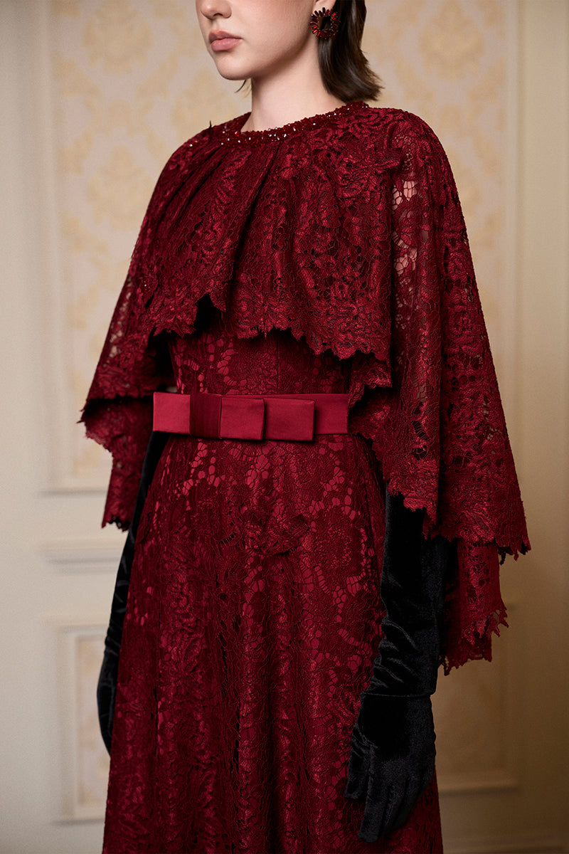 A-LINE GOWN WITH MULLET CAPE IN DARK RED | CULT MIA | I.H.F A-LINE GOWN WITH MULLET CAPE IN DARK RED | CULT MIA | I.H.F