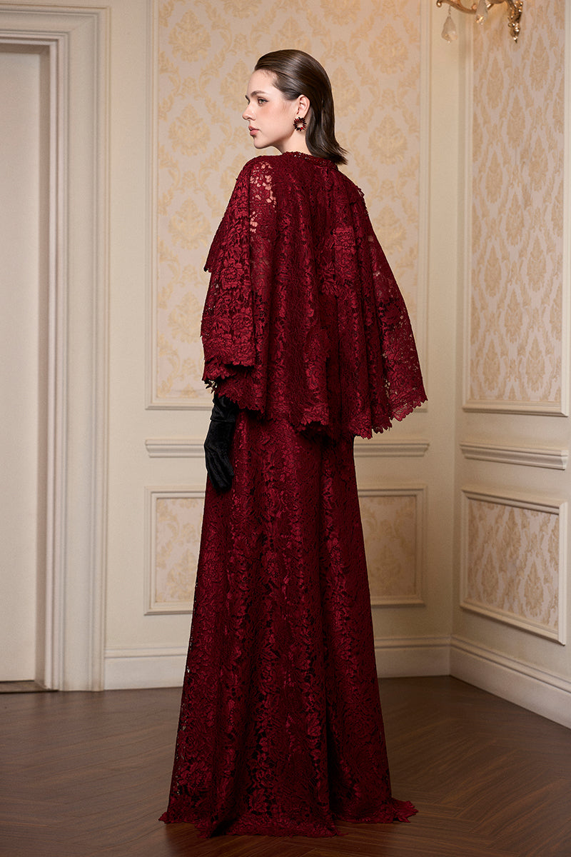 A-LINE GOWN WITH MULLET CAPE IN DARK RED