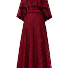 Dark red A-line gown with a mullet cape and French lace detailing, designed by I.H.F, shown on a model.